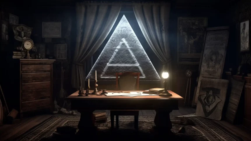 Is The Illuminati Real or a Myth? - Dimly lit room with an antique wooden desk, an open aged book displaying the Eye of Providence symbol, and dramatic moonlit shadows.