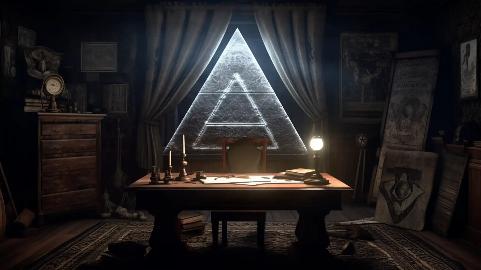 Is The Illuminati Real or a Myth? - Dimly lit room with an antique wooden desk, an open aged book displaying the Eye of Providence symbol, and dramatic moonlit shadows.