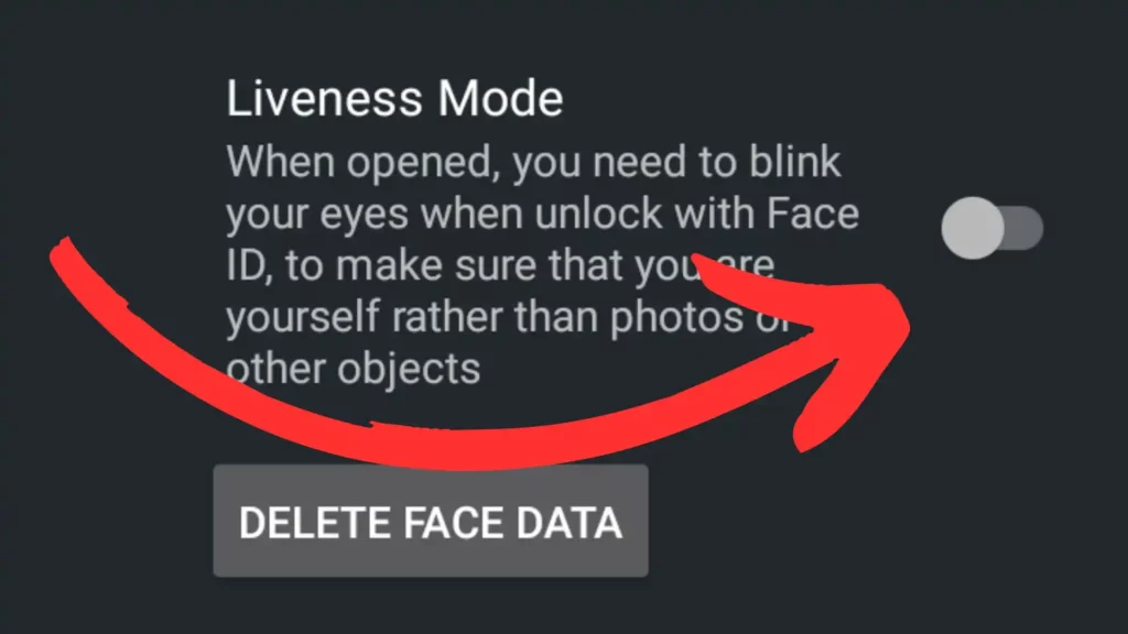 Screenshot of a smartphone settings screen showing the option to enable "Liveness Mode" in the Face Recognition settings.