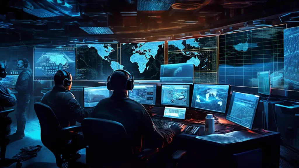 Law enforcement professionals in a command center monitoring screens and tracking cybercriminals during a cybercrime investigation.