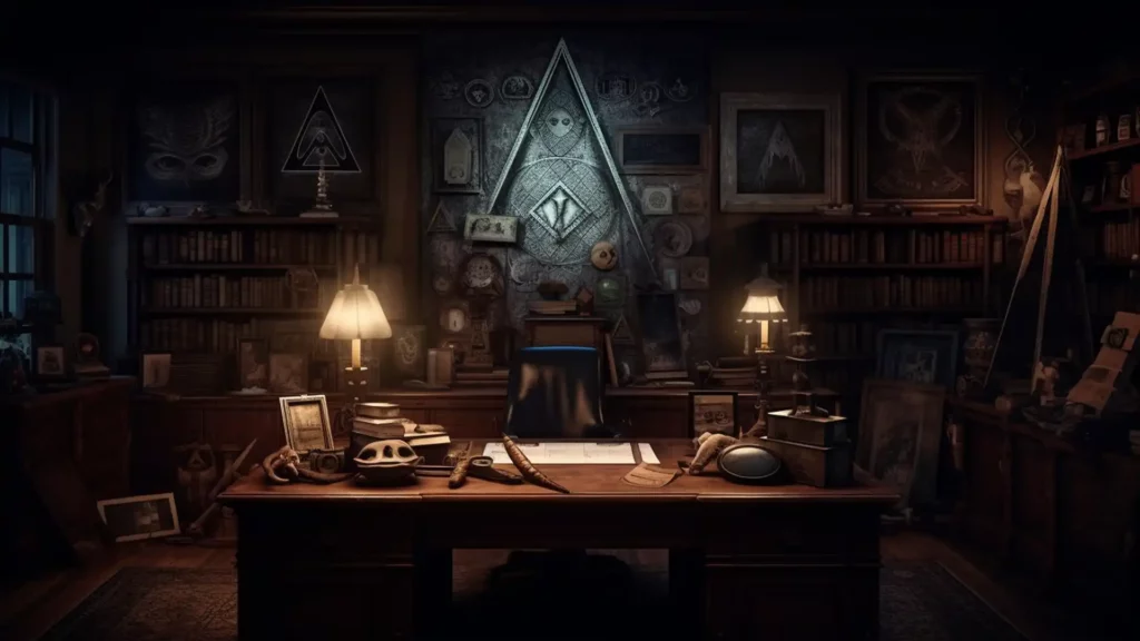 Dimly lit study room featuring Illuminati symbols: All-Seeing Eye sketch, pyramid, owl, and pentagram, in a blend of Baroque art and modern realism.