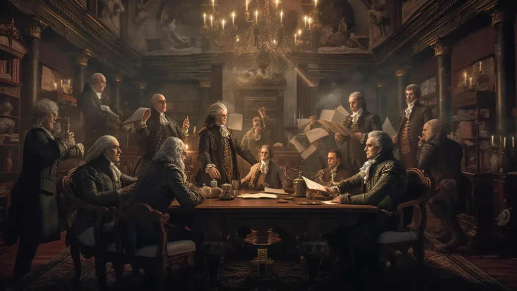 Highly detailed image capturing the clandestine meeting of the Bavarian Illuminati during the Enlightenment period. Dimly lit 18th-century study room filled with books, maps, and philosophical artifacts. Intellectual members engaged in fervent discussion. Reminiscent of Caravaggio's chiaroscuro technique, with dramatic contrasts between light and dark. Soft, indirect lighting from scattered candles. Rich, warm color palette with deep browns, golds, and muted greens. Shot with a high-resolution 16k camera using a 50mm lens, offering an intimate view with a depth of field effect.