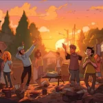 A vibrant cartoon illustration of a community cleanup day in a neighborhood, showing diverse community members working together to prevent crime and improve safety