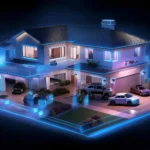 3D rendered blueprint-style home with advanced security measures including robust locks, surveillance cameras, motion-activated lights, alarm systems, security films or bars on doors and windows, and a network of blue lasers for added protection.