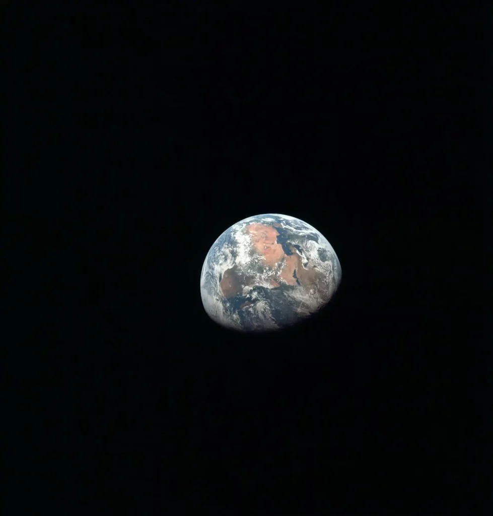 A distant view of Earth featuring Africa, the Mediterranean, and the Middle East, taken from Apollo 11.