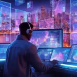 Skilled cyber defender analyzing data streams and thwarting cyber threats in a futuristic cityscape.