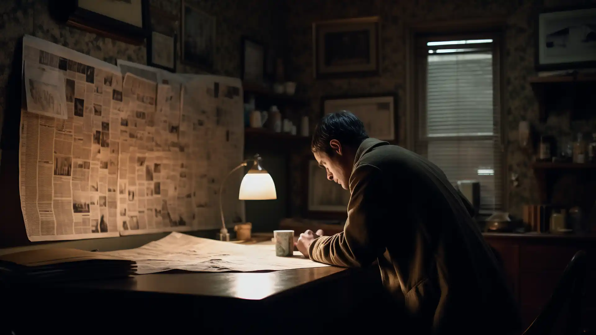 Person studying newspaper clippings related to victimless crimes in a dimly lit room