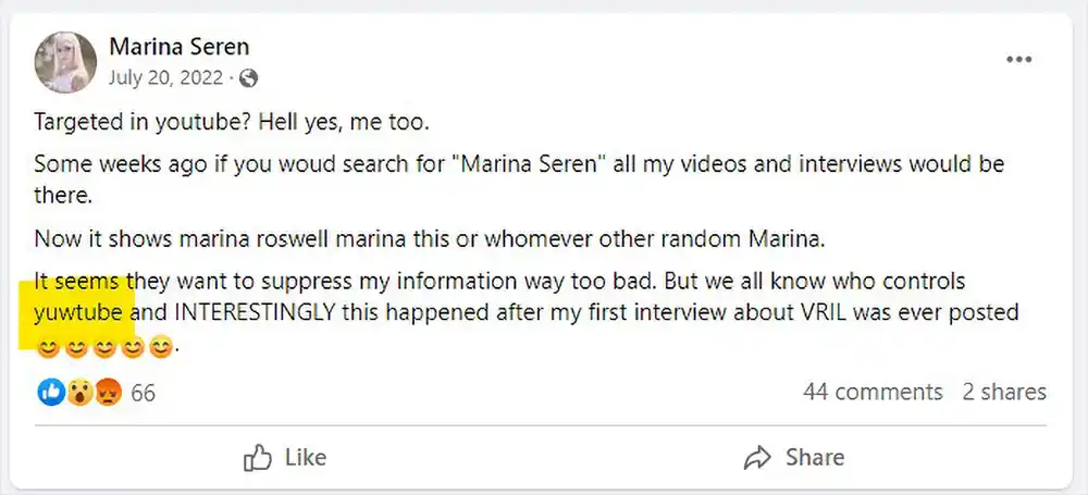Screenshot of Marina Seren's Facebook post making controversial remarks about YouTube