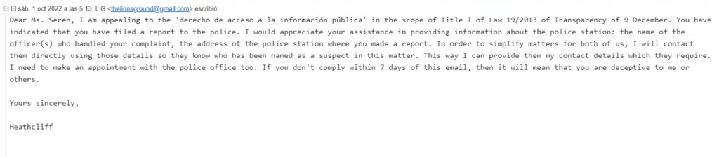 Email requesting information about Marina Seren's police report, revealing her deception