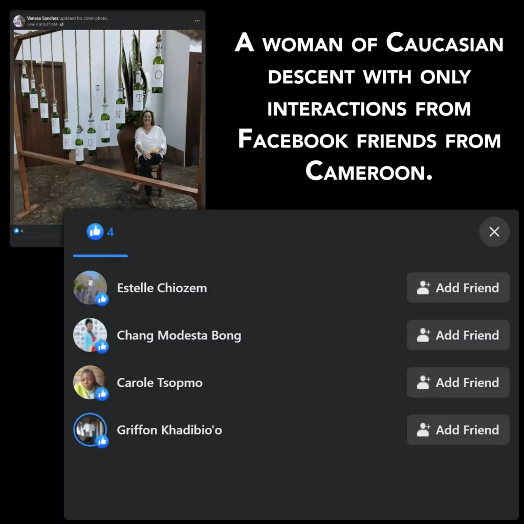 Screenshot of fraudulent Facebook profile update revealing suspicious activity and interactions from Cameroon.