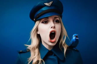 Marina Seren wearing a German army outfit with a blue bird on her shoulder