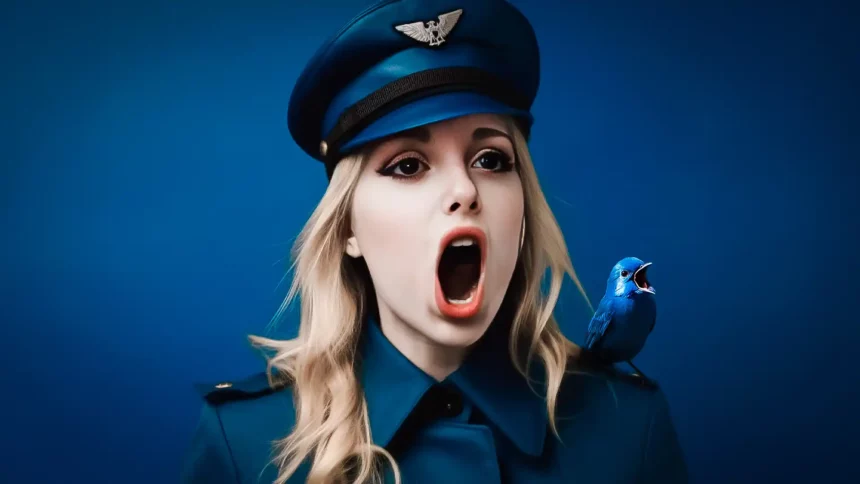 Marina Seren wearing a German army outfit with a blue bird on her shoulder