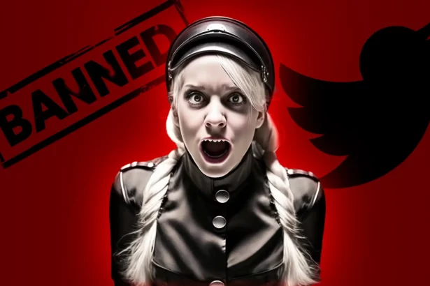 Blond woman in Nazi uniform representing Marina Seren's controversial online persona.
