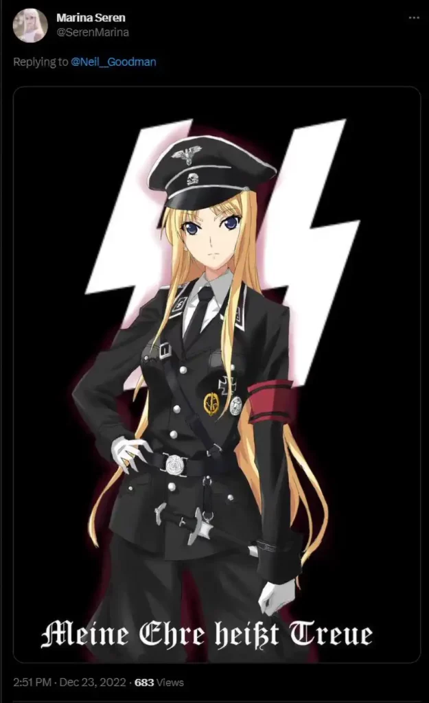 Cartoon depiction of a female girl in a Nazi outfit with SS symbol, posted by Marina Seren on Twitter.