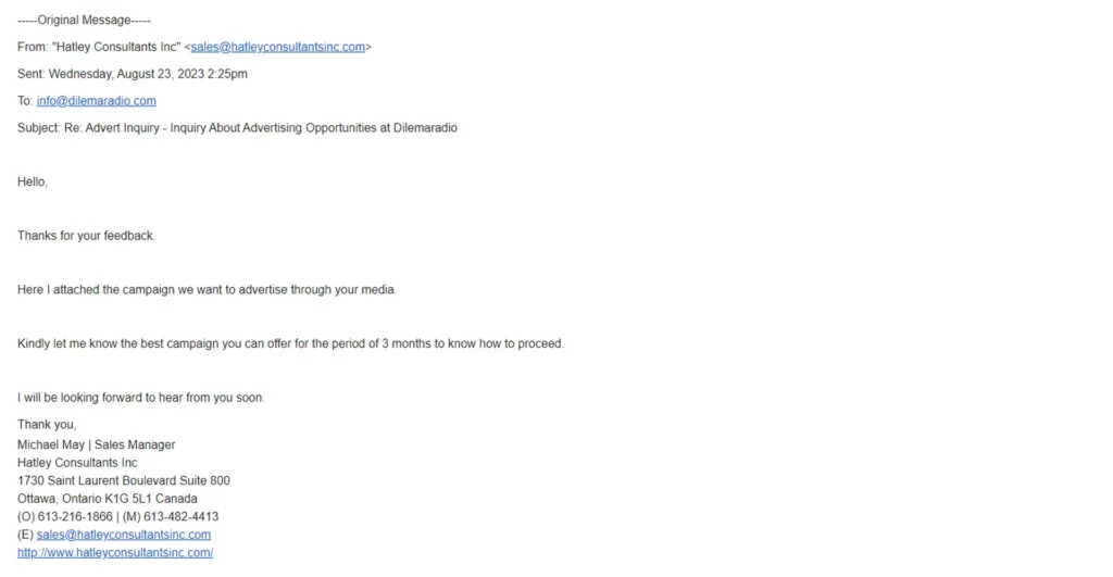 Screenshot of the email from Hatley Consultants Inc to Dilemaradio, sending the radio commercial as part of the scam.