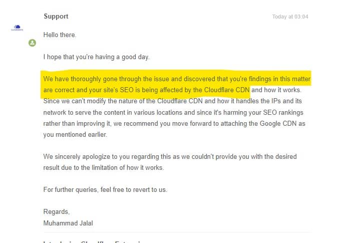 Screenshot of Cloudways support conversation confirming the negative impact of Cloudflare on SEO.