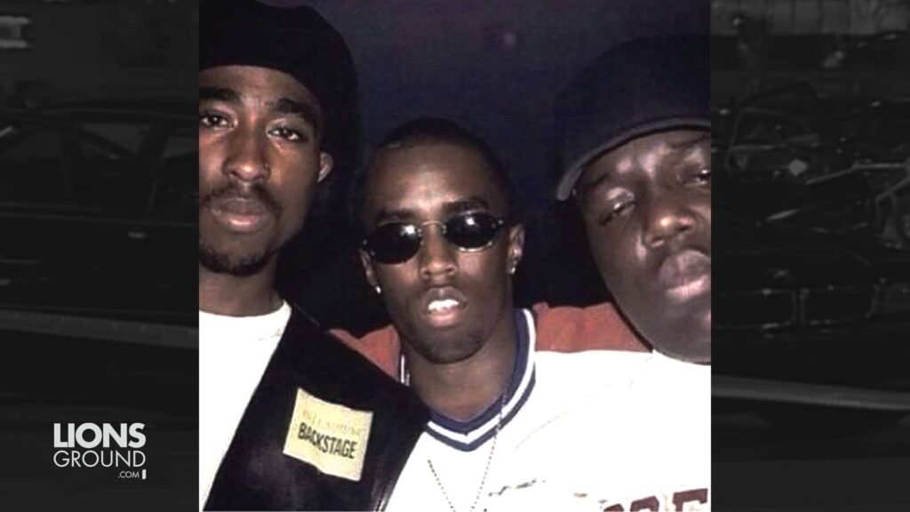 Photo of Tupac Shakur, Sean 'Love' Combs, and The Notorious B.I.G. standing together