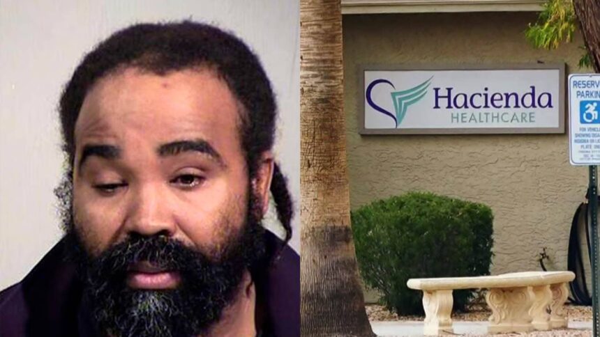 Exterior view of Hacienda HealthCare facility in Phoenix, Arizona with a mugshot of Nathan Sutherland on the left.