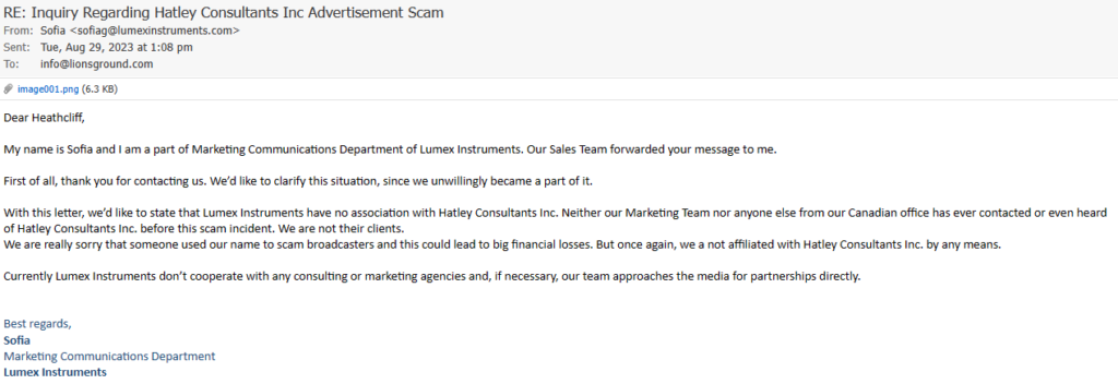 Screenshot of an email received from Lumex Instruments about the involvement with Hatley Consultants Inc.