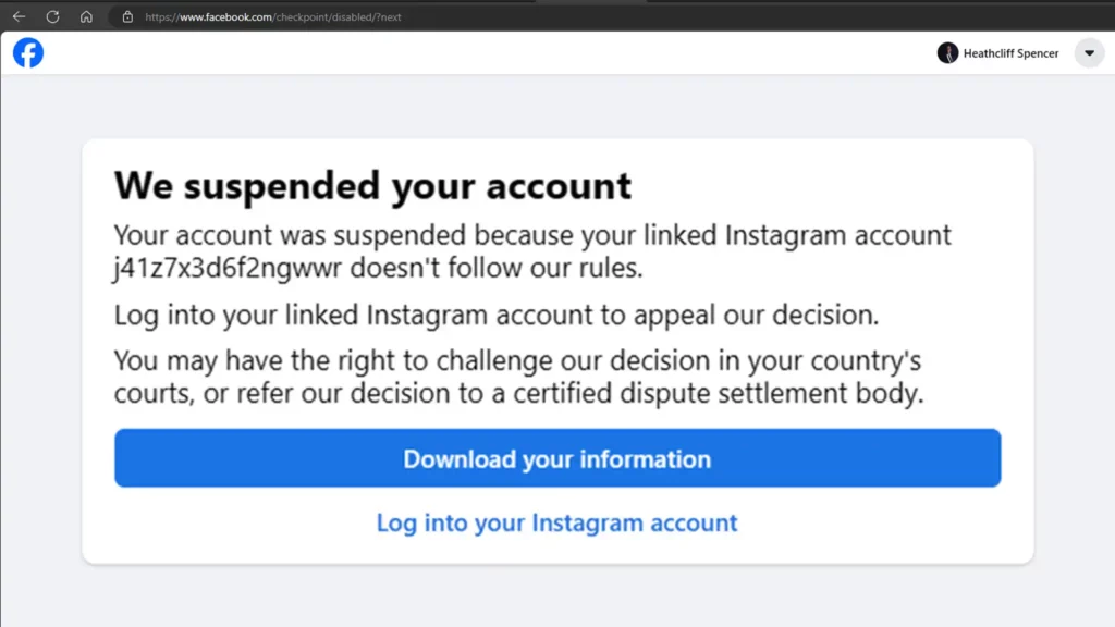 Screenshot of Facebook suspension notification linked to an unknown Instagram account