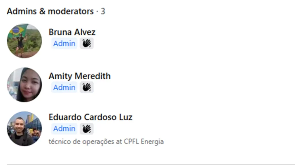 Screenshot showing three new admins named Bruna Alvez, Amity Meredith, and Eduardo Cardoso Luz in a Facebook group's admin panel.